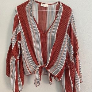 Tie Front Bell-bottom Sleeve Blouse